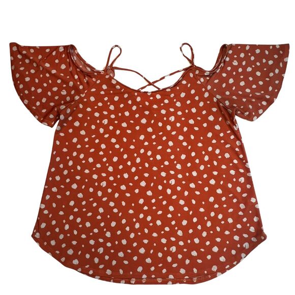 Kaileigh Blouse Womens XL Orange Polka Dot Cold Shoulder Flowy Fairy Boho Top - Picture 6 of 11